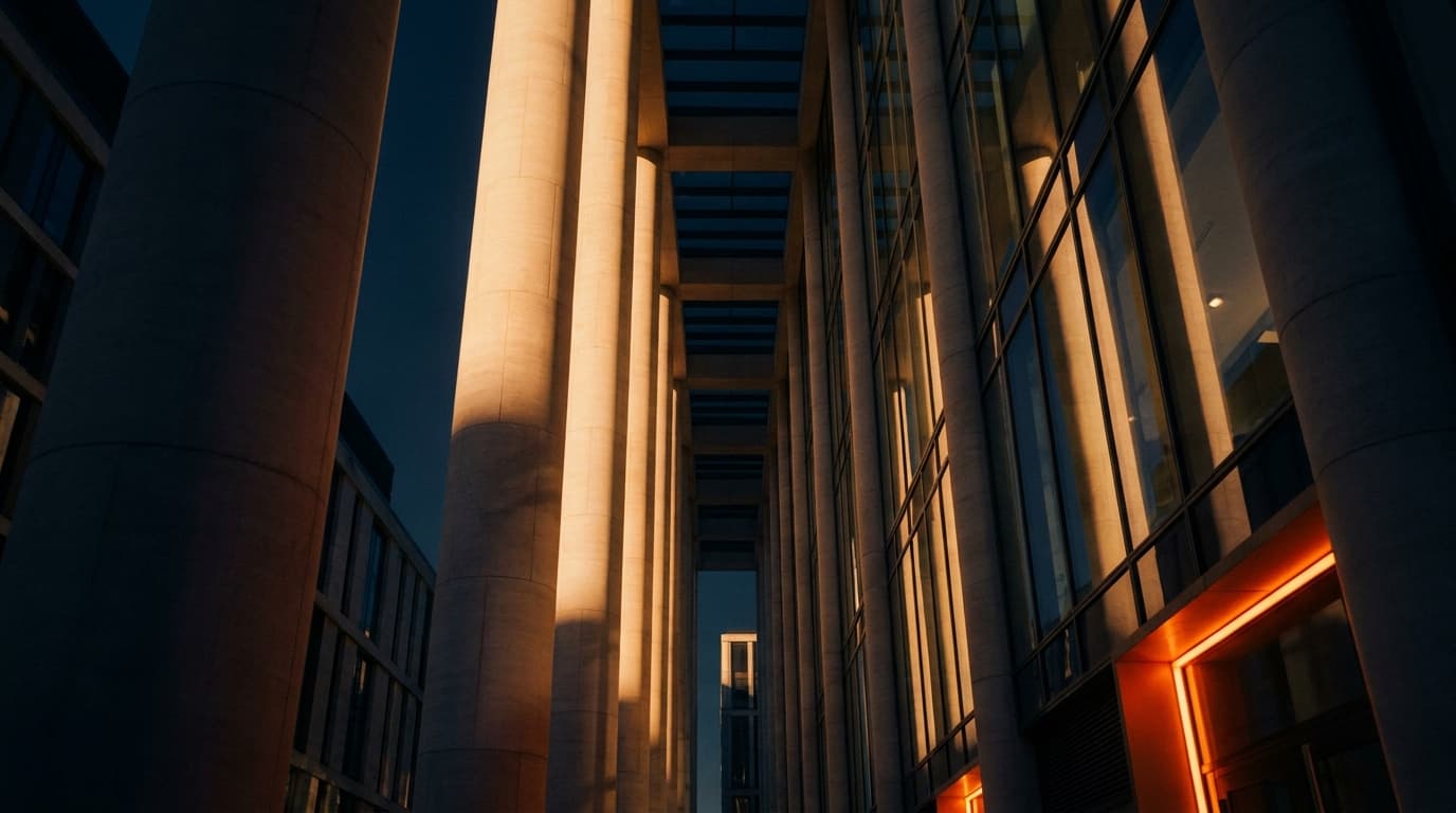 Modern courthouse colonnade at dusk